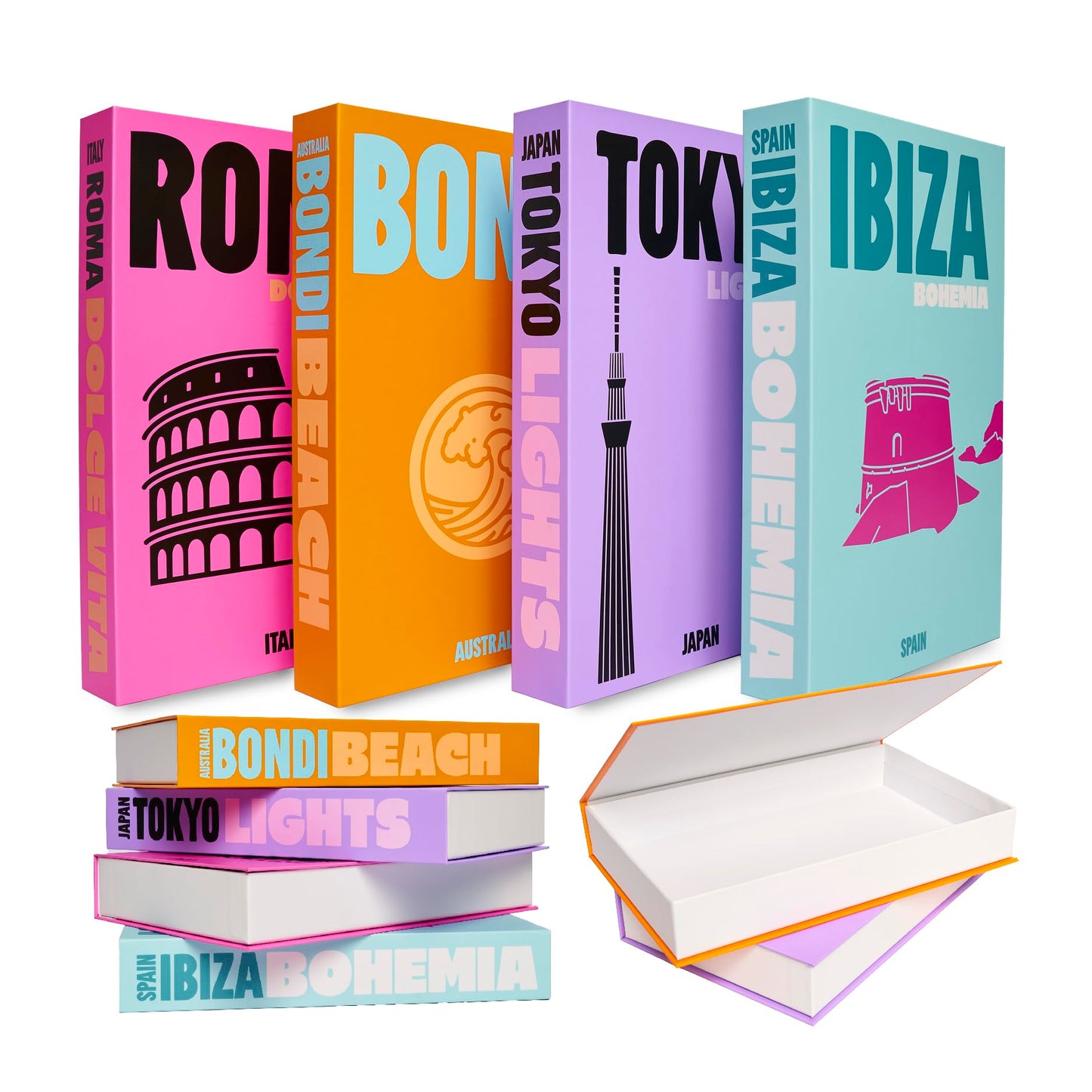 Book Decor Decorative Book Set with Storage | 4 Stylish Books: Bondi, Ibiza, Bondi, Tokyo | Great for Coffee Tables, Bookshelves, Wall Decoration