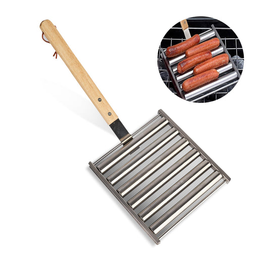 Stainless Steel Hot Dog Roller Rack with Premium Wood Handle Hot Dog Roller Grill, 5 Hot Dog Capacity, Grills Evenly | Great for BBQ and Outdoor Grilling