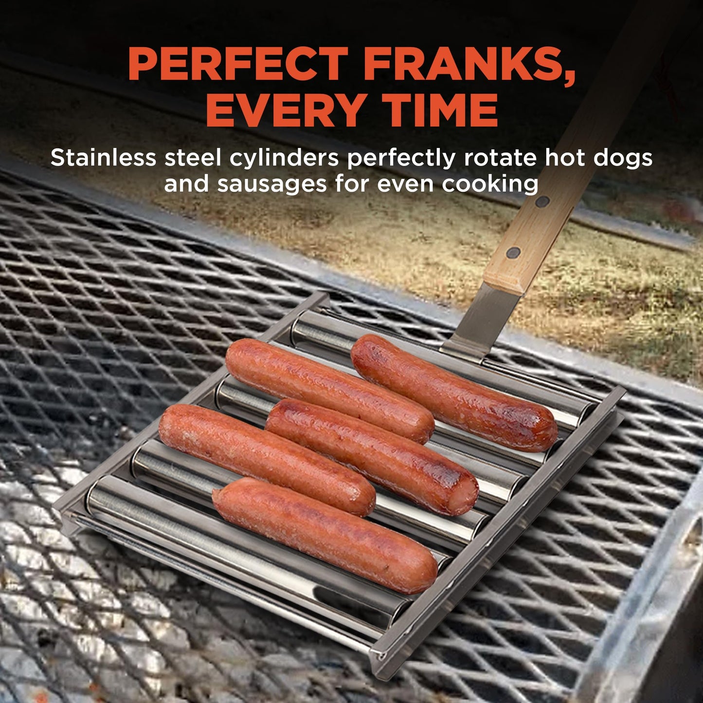 Stainless Steel Hot Dog Roller Rack with Premium Wood Handle Hot Dog Roller Grill, 5 Hot Dog Capacity, Grills Evenly | Great for BBQ and Outdoor Grilling