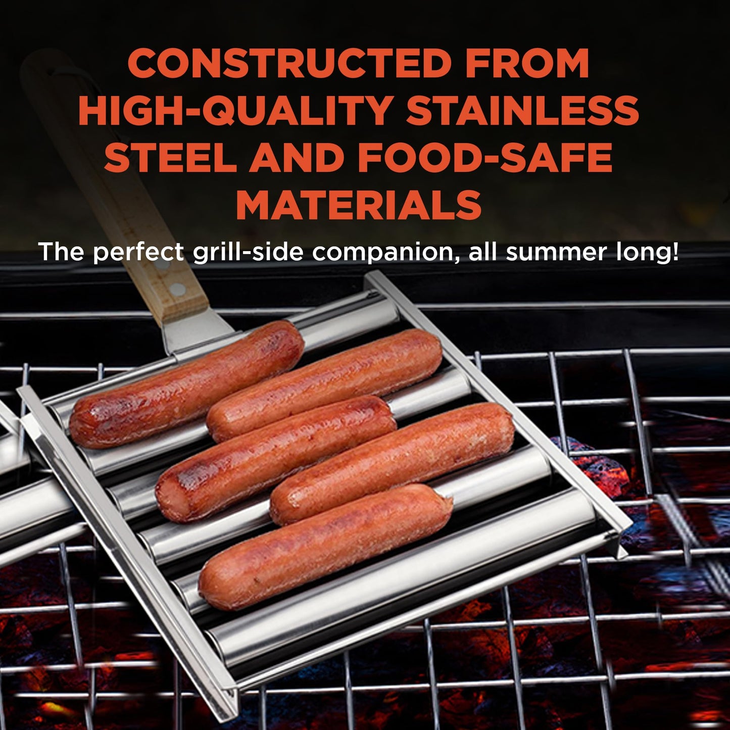 Stainless Steel Hot Dog Roller Rack with Premium Wood Handle Hot Dog Roller Grill, 5 Hot Dog Capacity, Grills Evenly | Great for BBQ and Outdoor Grilling