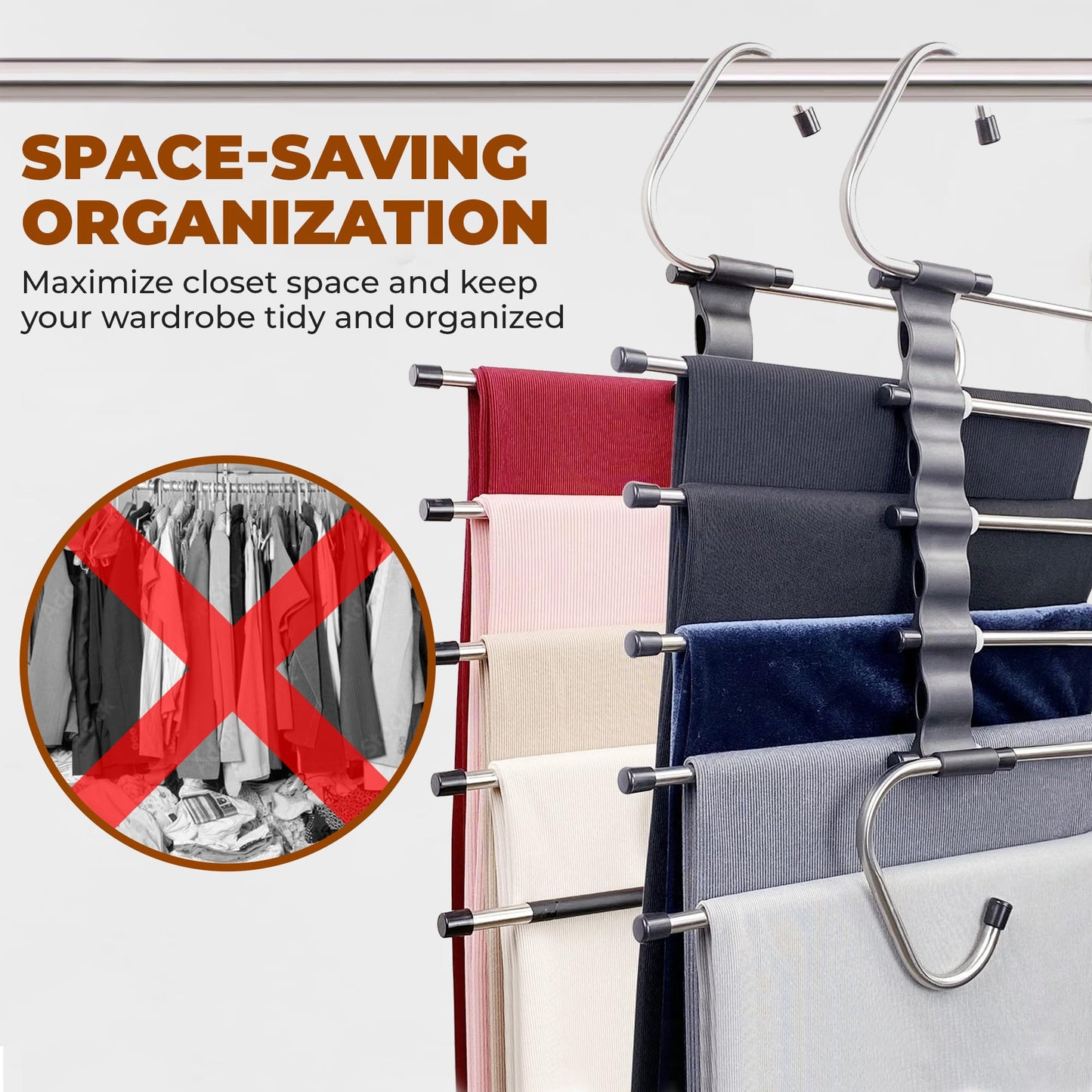 Pants Hangers Space Saving, Non Slip 2-Pack Metal Hangers for Pants, Hanging Closet Organizer for Jeans, Trousers, Pant Hangers