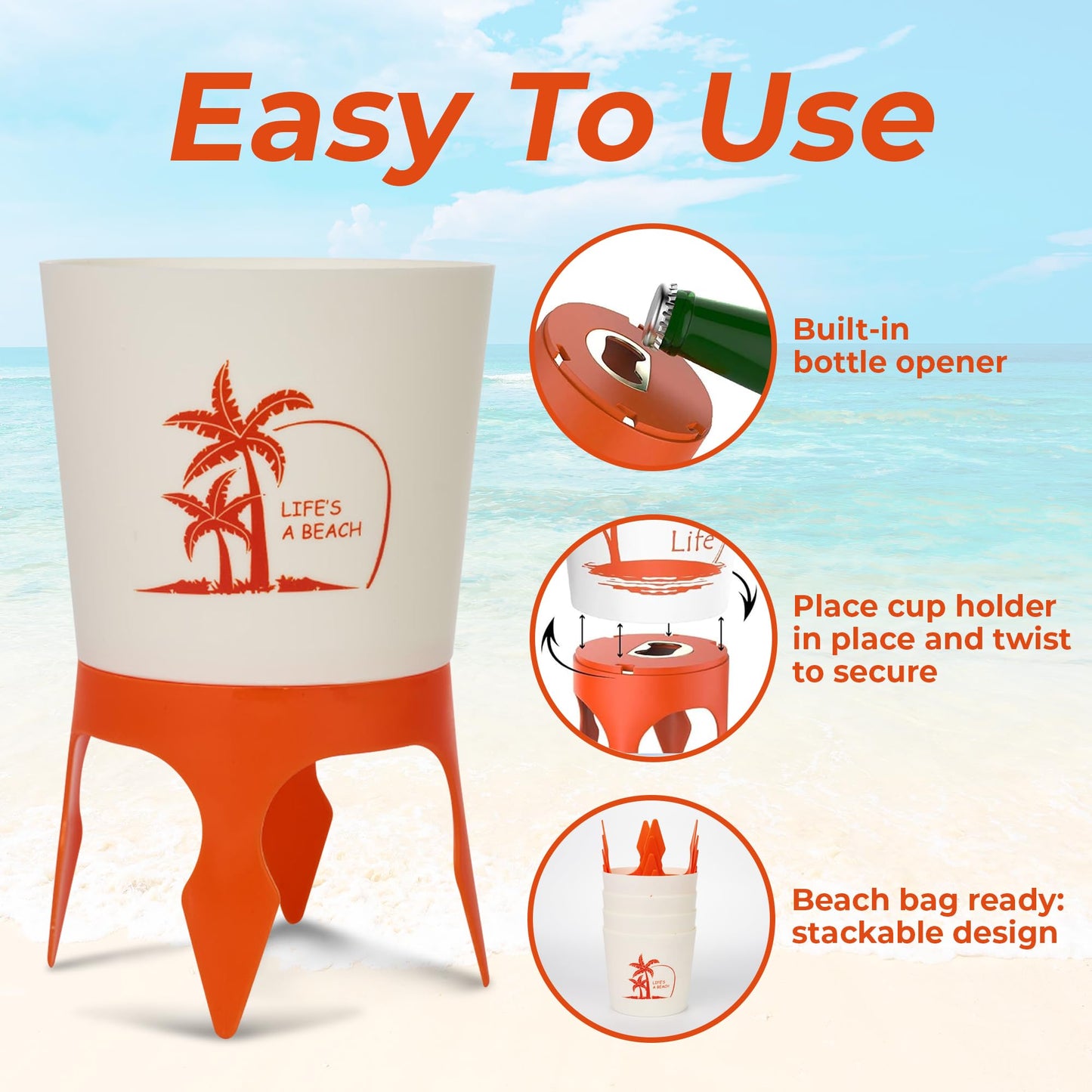 Beach Bottle Opener Sand Drink Holder, 4-Pack Beach Drink Holder