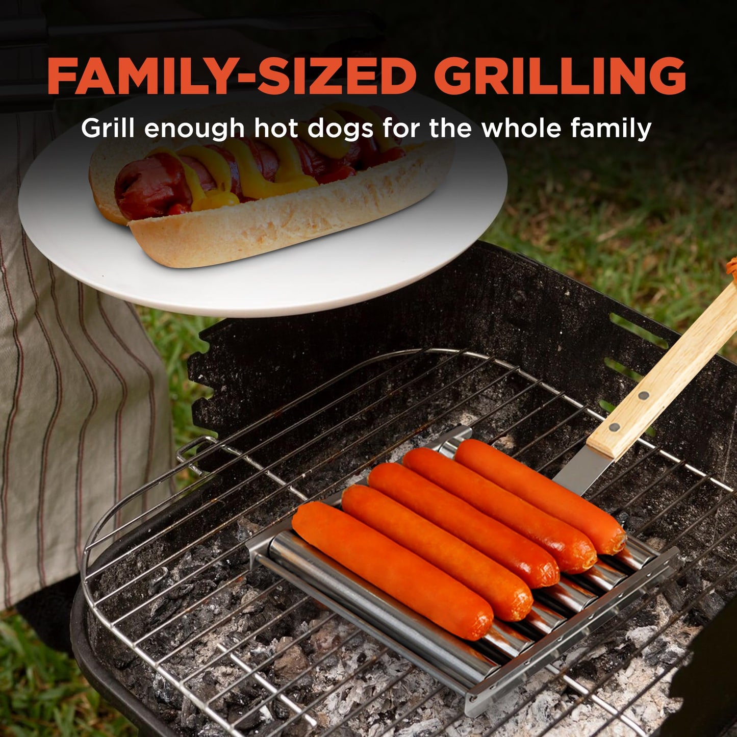 Stainless Steel Hot Dog Roller Rack with Premium Wood Handle Hot Dog Roller Grill, 5 Hot Dog Capacity, Grills Evenly | Great for BBQ and Outdoor Grilling